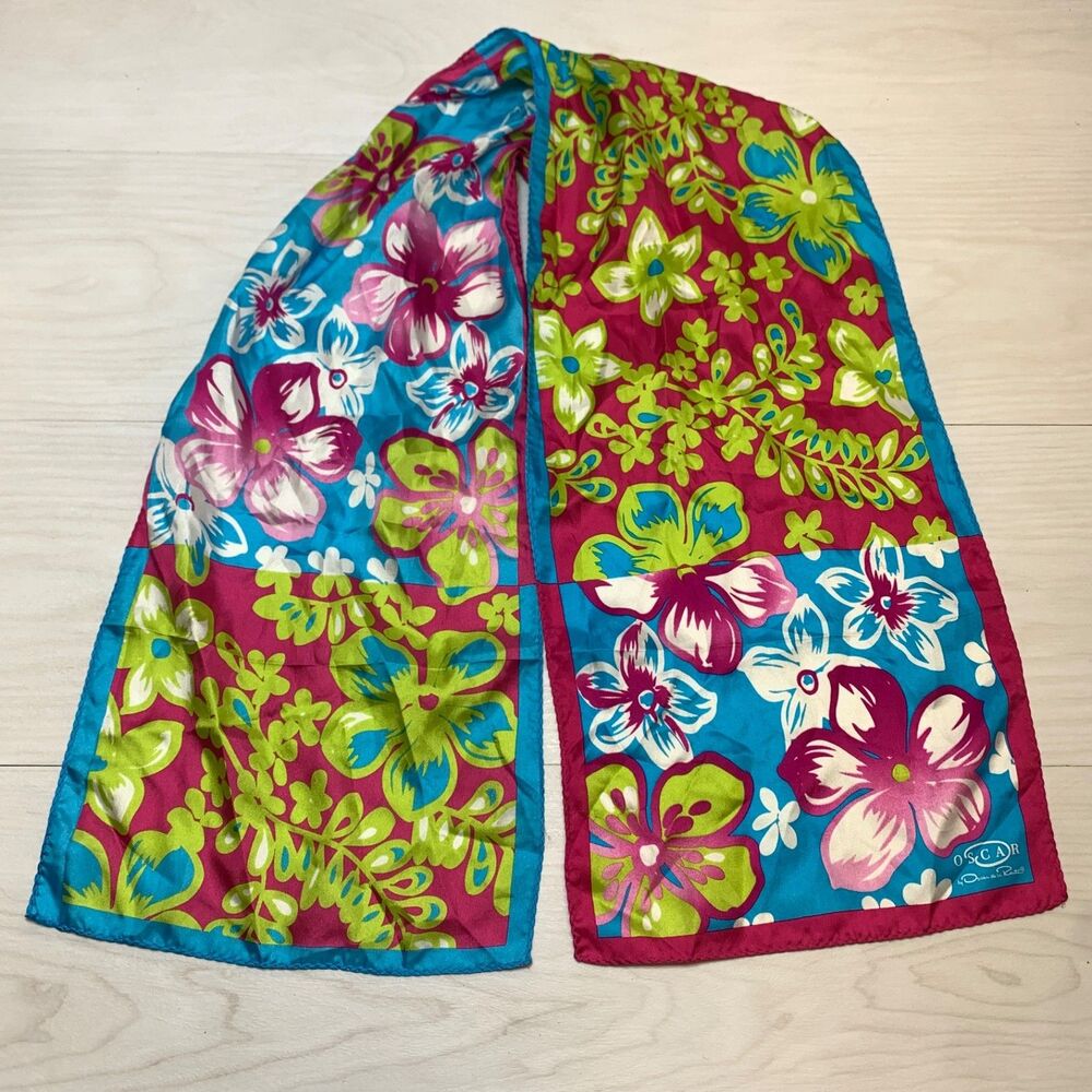 Oscar de la Renta Accessory Street 100% Silk Scarf Floral - 11" x 54" - Vintage